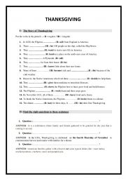 English Worksheet: THANKSGIVING STORY WORKSHEET