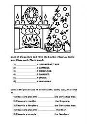 English Worksheet: Christmas There is There are Prepositions of place worksheet