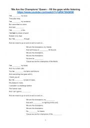 English Worksheet: �We are the Champions� gaps filling