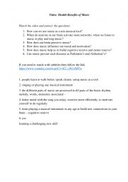 English Worksheet: Health benefits of music