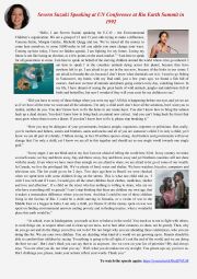 English Worksheet: Listening: Severn Sezuki Speaking at ECO