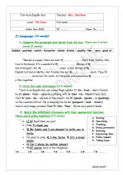 English Worksheet: 7th form full test n1 
