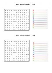 word search - numbers 1 - 10