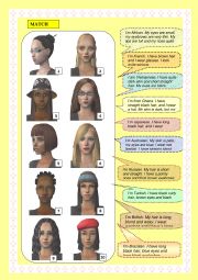 English Worksheet: Match the faces with the descriptions and colour page 2 while e=describing yourself