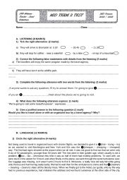 English Worksheet: MID TERM 2 TEST 3RD FORM