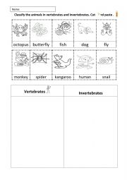English Worksheet: Classify into vertebrates or invertebrates. Cut and paste.