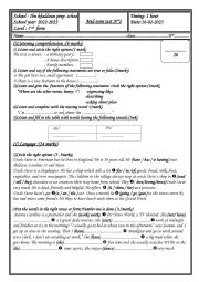 English Worksheet: Mid term test N°2 7th form tunisian students
