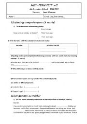 English Worksheet:  3rd form two mid term tests 2