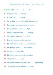 English Worksheet: Prepositions of time:In-On-At
