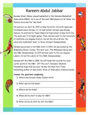 English Worksheet: Reading Comprehension Basketball Player