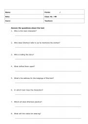 English Worksheet: Reading task Sherlock Holmes
