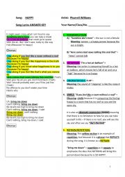 English Worksheet: Happy by Pharrell Williams Poetry in Songs Answer KEY