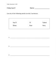 English Worksheet: Youll, I�ll, Talent, Show, Your ,Very - Make Sentences Quiz