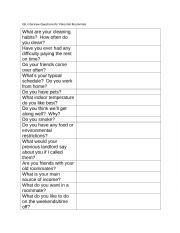 English Worksheet: Roommate Interview Questions