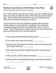 English Worksheet: Reading comprehension word problem pizza party