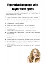 English Worksheet: Figurative Language with Taylor Swift lyrics