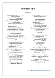 English Worksheet: Midnight Rain - Taylor Swift song