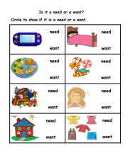 English Worksheet: needs and wants