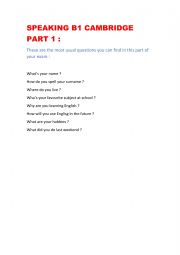 English Worksheet: Speaking part 1 Cambridge
