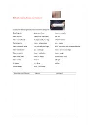 English Worksheet: Health: Injuries, Illnesses and Treatment