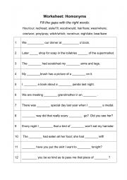 English Worksheet: Fill-the-Gap Worksheet on Homonyms (with answer key) 