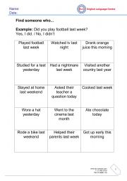 English Worksheet: Past tense verbs - Find someone who