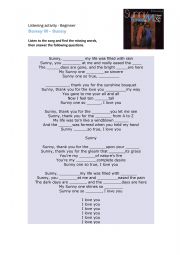 English Worksheet: Boney M - Sunny ( Listenning and comprehension activity for beginner-int)
