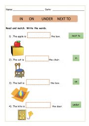 English Worksheet: on, in, under, next to worksheet