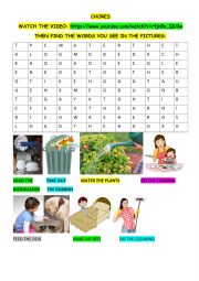 English Worksheet: CHORES - VIDEO + WORDSEARCH ACTIVITY + KEY