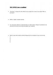 English Worksheet: The Giver pre-reading worksheet