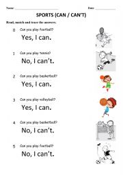 English Worksheet: Sports can can�t short answers