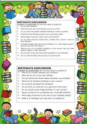 English Worksheet: Birthday Questions Speaking 