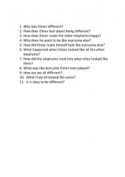 English Worksheet: Elmer Comprehension Questions 