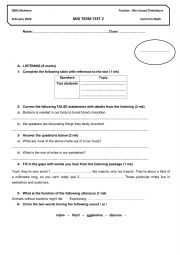 English Worksheet: MID TERM 2 TEST 3RD FORM
