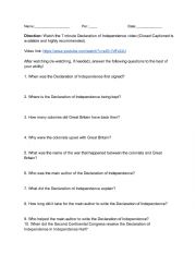 English Worksheet: Declaration of Independence Video Questions