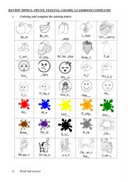 English Worksheet: review colors, feeling, fruits, classroom command