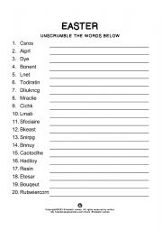 English Worksheet: EASTER ACTIVITY - UNSCRAMBLE THE WORDS
