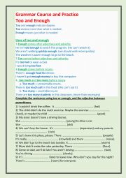 English Worksheet: Too and Enough Course and Practice