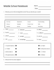 Middle School Notebook Worksheet