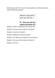 English Worksheet: Indirect Questions - Speaking cards
