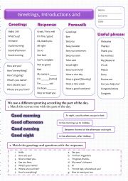 English Worksheet: Greetings, introduction and farewells