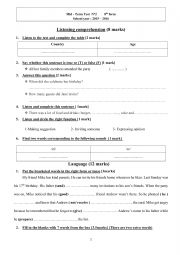 English Worksheet: MID TERM TEST 2 8TH FORM