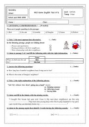 English Worksheet: 1st form mid term test 2 listening about neighbours