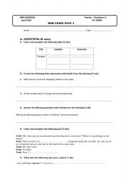 English Worksheet: MID TERM 3 TEST      1st FORM