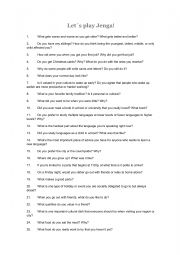 Jenga Questions - ESL worksheet by carmenpais7