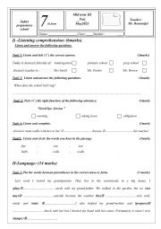 English Worksheet: MID TERM 3 TEST 7TH FORM