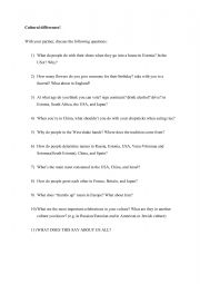 English Worksheet: Cultural differences questions for discussion 