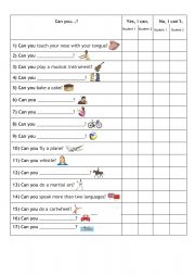 English Worksheet: Can/can�t interview