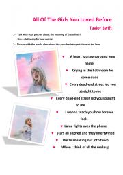 English Worksheet: All the girls you loved before - Taylor Swift