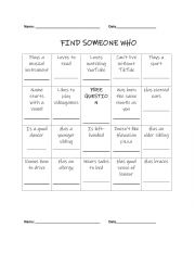 English Worksheet: FIND SOMEONE WHO